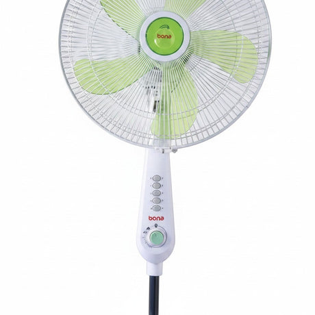 Taghareed Sona 16" stand fan with white body, green blades, and push button controls. Ideal for home or office.