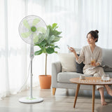 Taghareed Sona 16" white and green stand fan with push button controls, ideal for home or office.