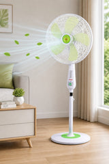 Taghareed Sona 16" white and green stand fan with push button controls, ideal for home or office cooling.