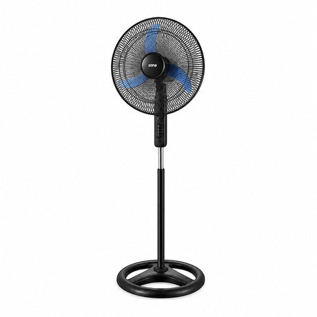 Taghareed Sona 18" black stand fan with blue blades and a circular base, ideal for daily cooling in homes or offices.
