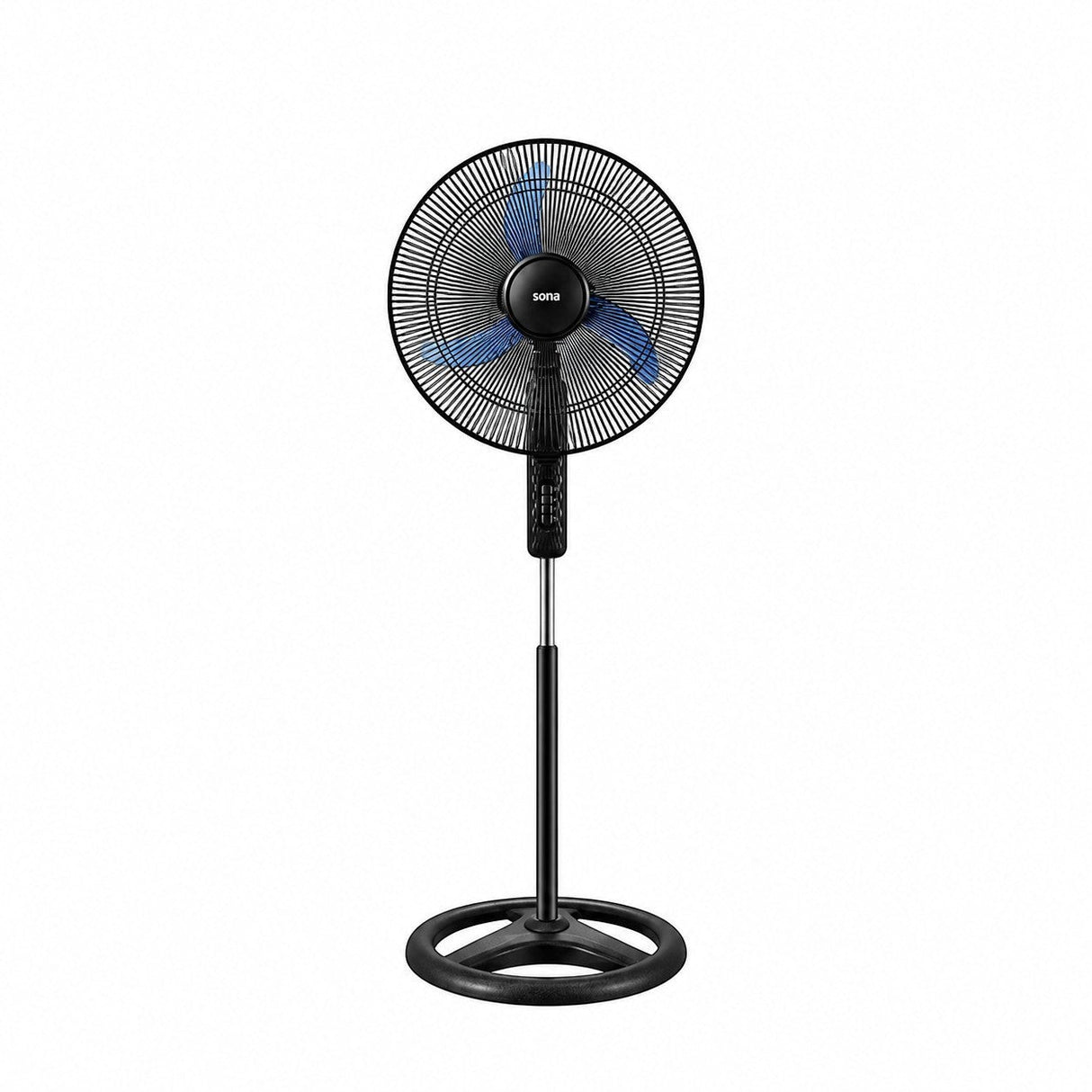 Taghareed Sona 18" black stand fan with blue blades and a circular base, ideal for daily cooling.