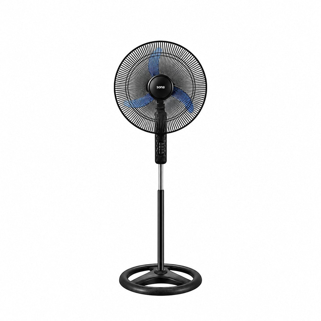 Taghareed Sona 18" black stand fan with blue blades and a circular base, ideal for daily cooling.