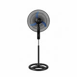 Taghareed Sona 18" black stand fan with blue blades and a circular base, ideal for daily cooling.
