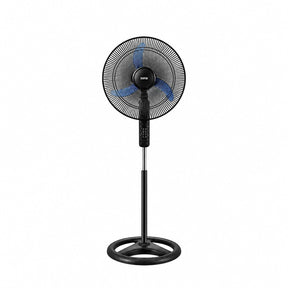 Taghareed Sona 18" black stand fan with blue blades and a circular base, ideal for daily cooling.