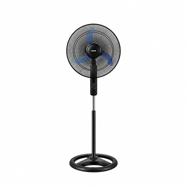 Taghareed Sona 18" black stand fan with blue blades and a circular base, ideal for daily cooling.