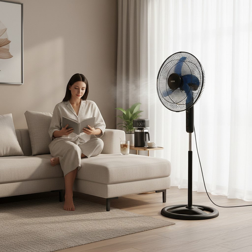 Taghareed Sona 18" black stand fan with blue blades, providing daily cooling in a living room setting.