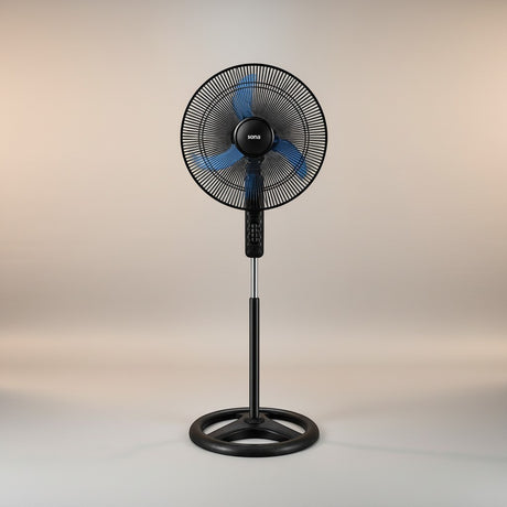 Taghareed Sona 18" black stand fan with blue blades and a circular base, ideal for daily cooling.