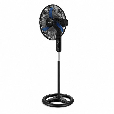 Taghareed Sona 18" black stand fan with blue blades and a circular base, ideal for daily cooling in homes or offices.