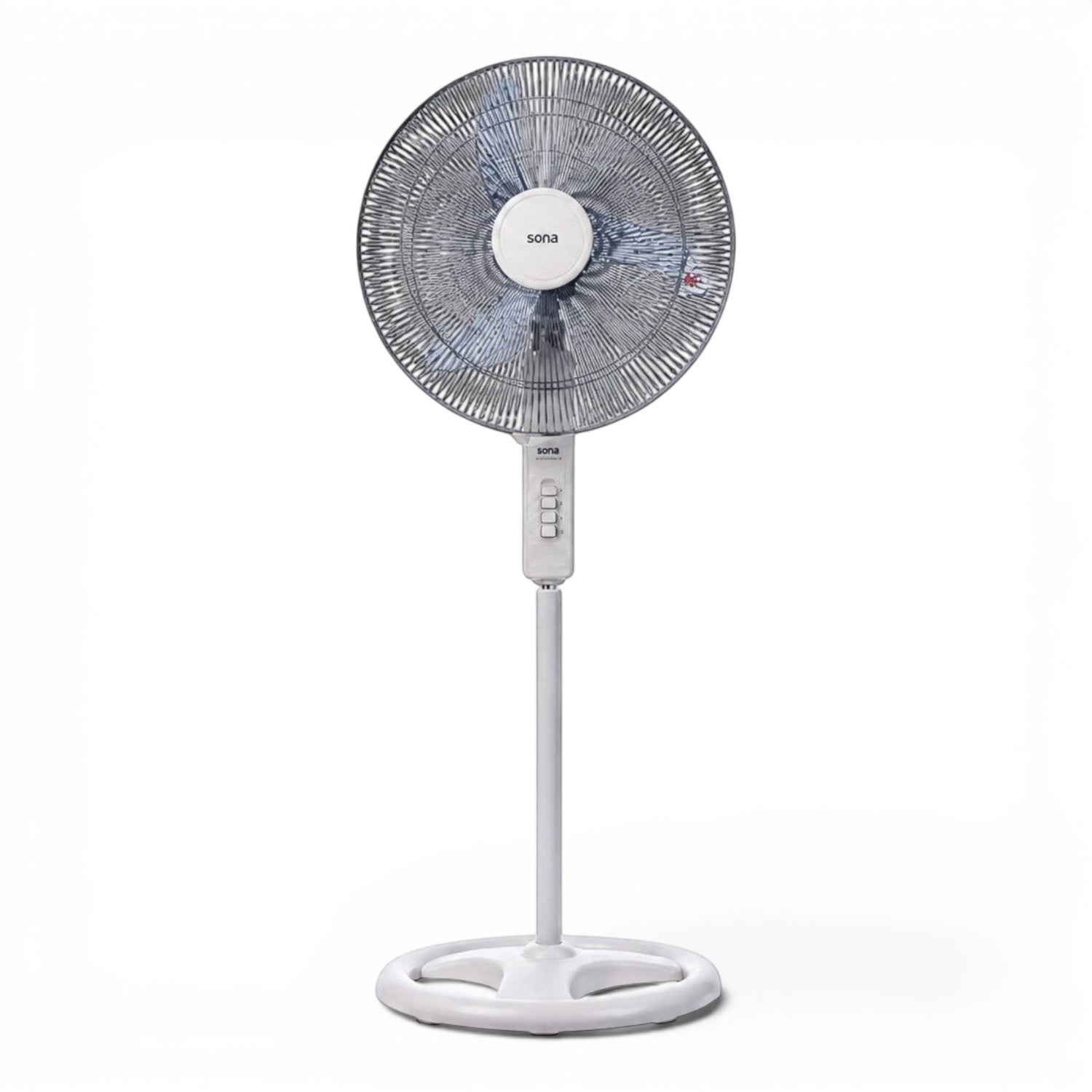 Taghareed Sona 18" white stand fan with a stable base and adjustable height for everyday cooling in homes or offices.