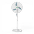 Taghareed Sona 18" white stand fan with blue blades and stable base, ideal for everyday cooling.