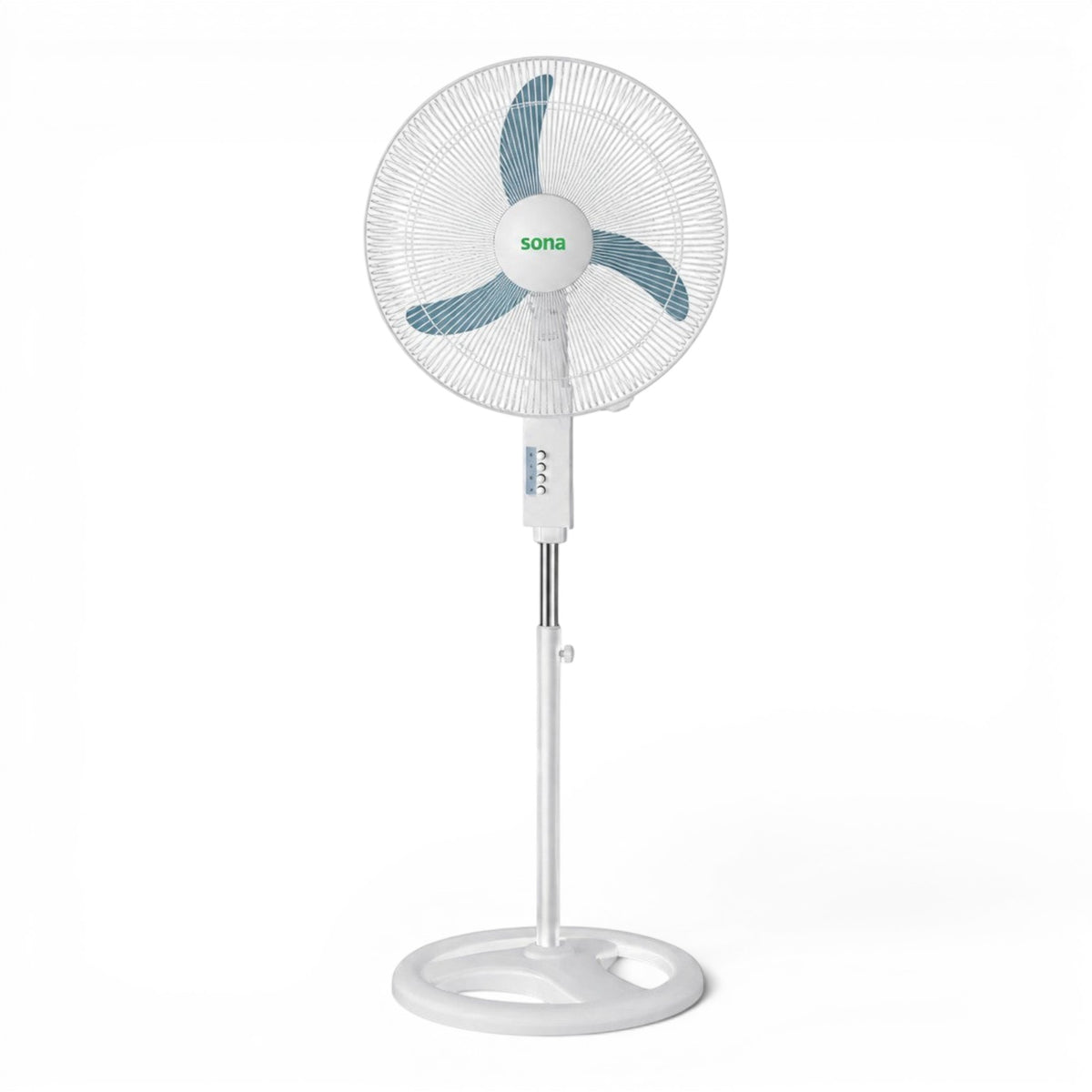 Taghareed Sona 18" white stand fan with blue blades and stable base, ideal for everyday cooling.
