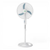 Taghareed Sona 18" white stand fan with blue blades and stable base, ideal for everyday cooling.