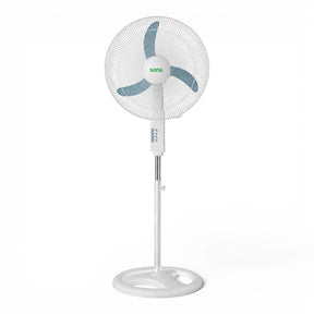 Taghareed Sona 18" white stand fan with blue blades and stable base, ideal for everyday cooling.
