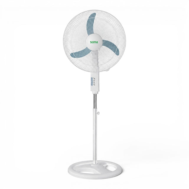 Taghareed Sona 18" white stand fan with blue blades and stable base, ideal for everyday cooling.
