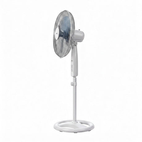 Taghareed Sona 18" white oscillating stand fan with 4 speed settings and stable base for home or office cooling.