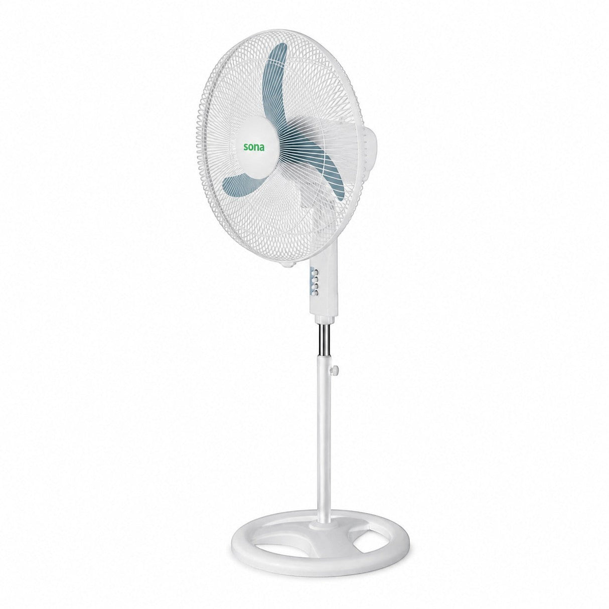 Taghareed Sona 18" white stand fan with blue blades and a stable base for everyday cooling.