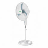 Taghareed Sona 18" white stand fan with blue blades and a stable base for everyday cooling.