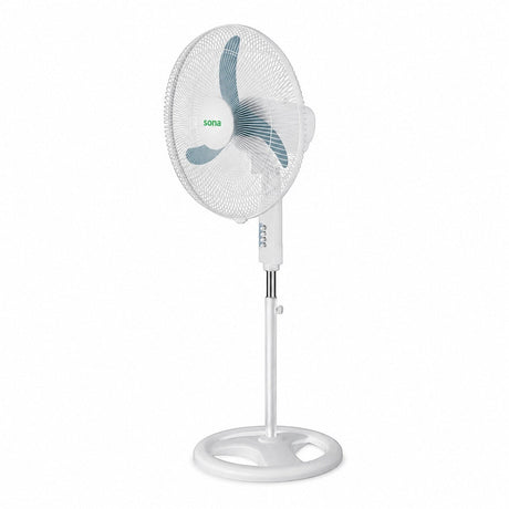 Taghareed Sona 18" white stand fan with blue blades and a stable base for everyday cooling.