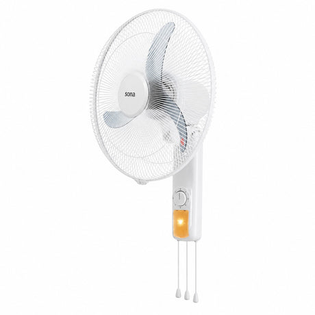 Taghareed Sona WF-550 white wall fan with 3 pull cords for speed control and oscillation. Powerful airflow.