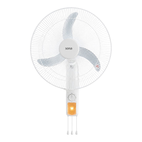 Taghareed Sona WF-550 white wall fan with 3 grey blades and pull cord control for speed adjustment.