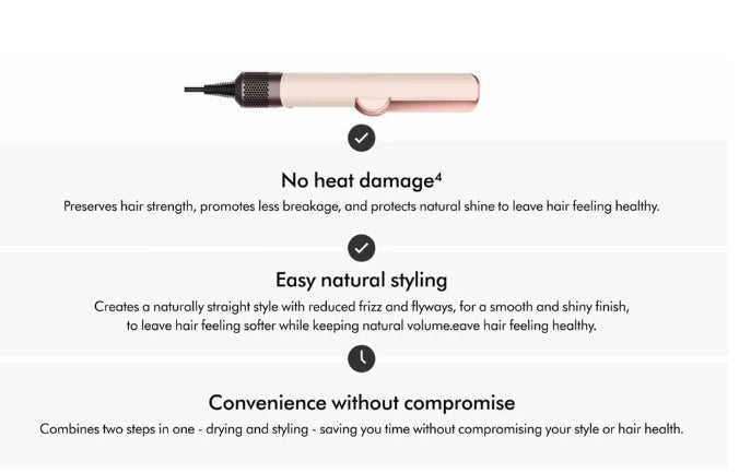 Tagharid Ceramic Pink/Rose Gold Dyson Airstrait hair straightener with air-drying technology.