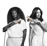 Tagharid Dyson Airstrait hair straightener in Ceramic Pink/Rose Gold, used by two models on wet and dry hair.