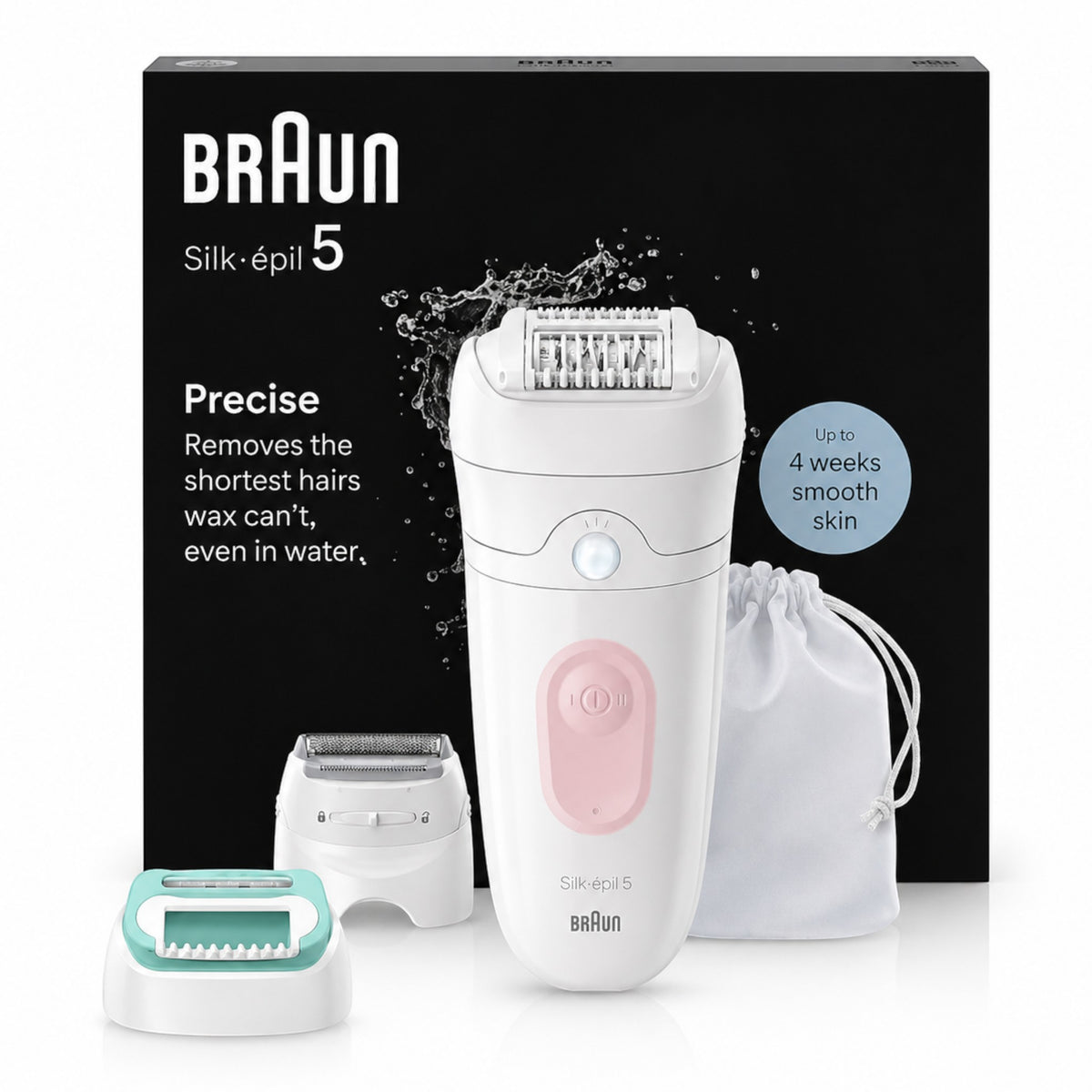 Braun Silk-épil 5 SE5-050 epilator, white with pink accents, features 28 tweezers, wet & dry use, massage system, and Smartlight. Includes attachments and storage pouch.