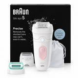 Braun Silk-épil 5 SE5-050 epilator, white with pink accents, features 28 tweezers, wet & dry use, massage system, and Smartlight. Includes attachments and storage pouch.