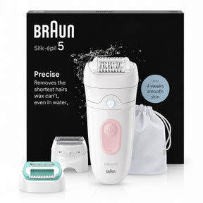 Braun Silk-épil 5 SE5-050 epilator, white with pink accents, features 28 tweezers, wet & dry use, massage system, and Smartlight. Includes attachments and storage pouch.