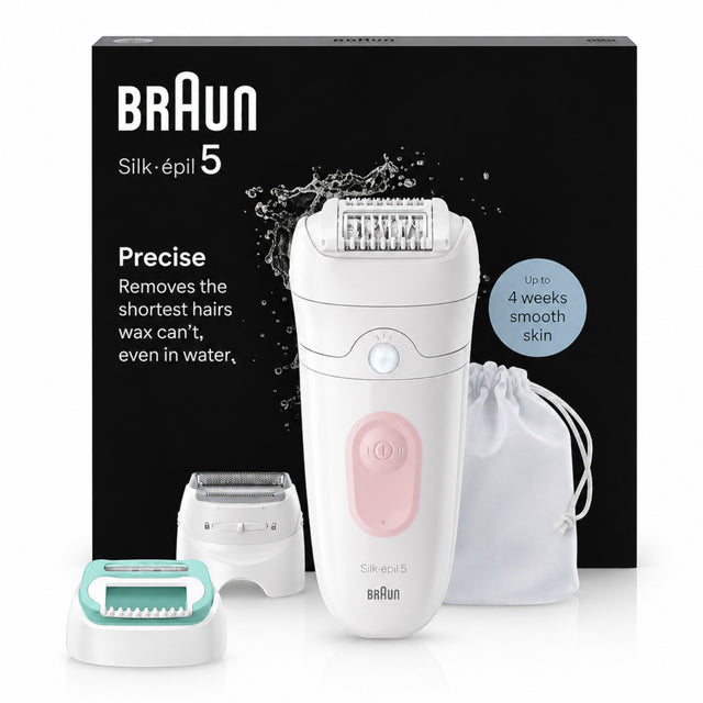 Braun Silk-épil 5 SE5-050 epilator, white with pink accents, features 28 tweezers, wet & dry use, massage system, and Smartlight. Includes attachments and storage pouch.