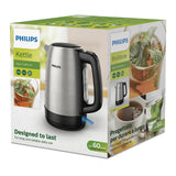 Taghareed Philips stainless steel electric kettle with black handle and water level indicator, 1.7L capacity, 2200W power.