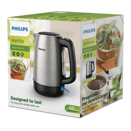 Taghareed Philips stainless steel electric kettle with black handle and water level indicator, 1.7L capacity, 2200W power.